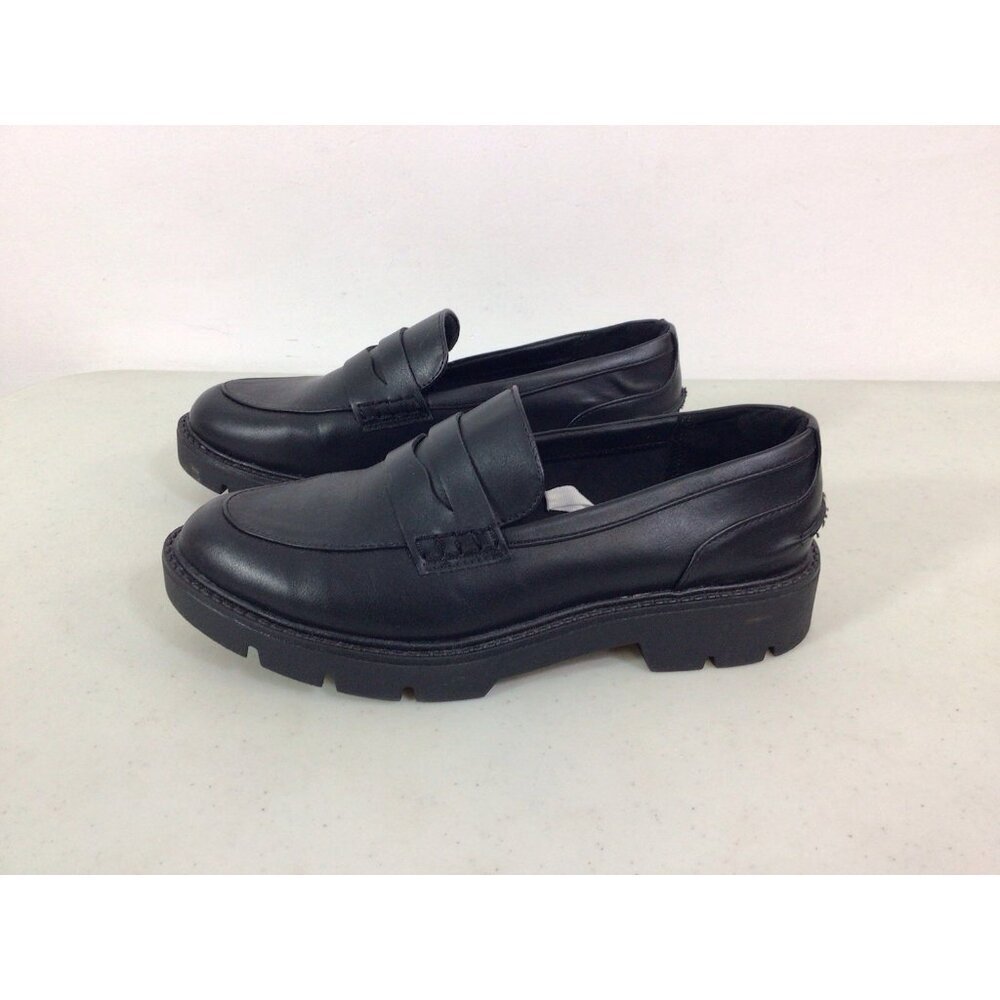 Preppy Black Shoes Loafers Chunky Heel Womens 8.5